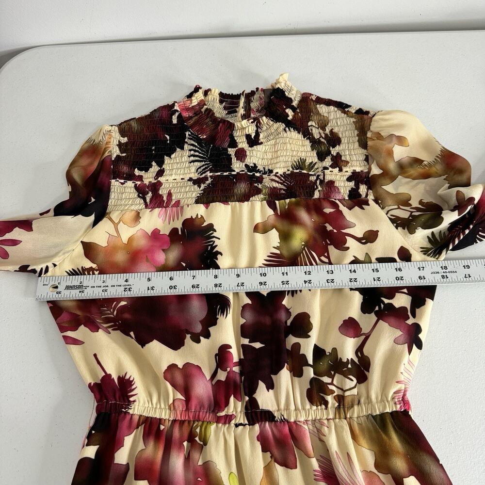 Vineet Bahl Watercolor Hibiscus Mini Dress Womens Small Cream Pink‎ Smocked Boho - Picture 12 of 16